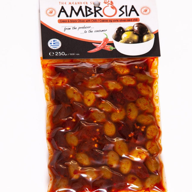 Black and Green Olives with Chili 250 - 1kg - The Meander Shop
